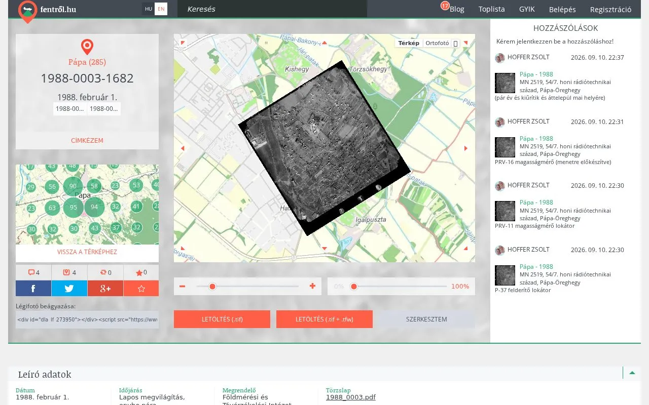 A 1988 aerial photograph of Pápa fitted onto today's map, with comments and download buttons beside it