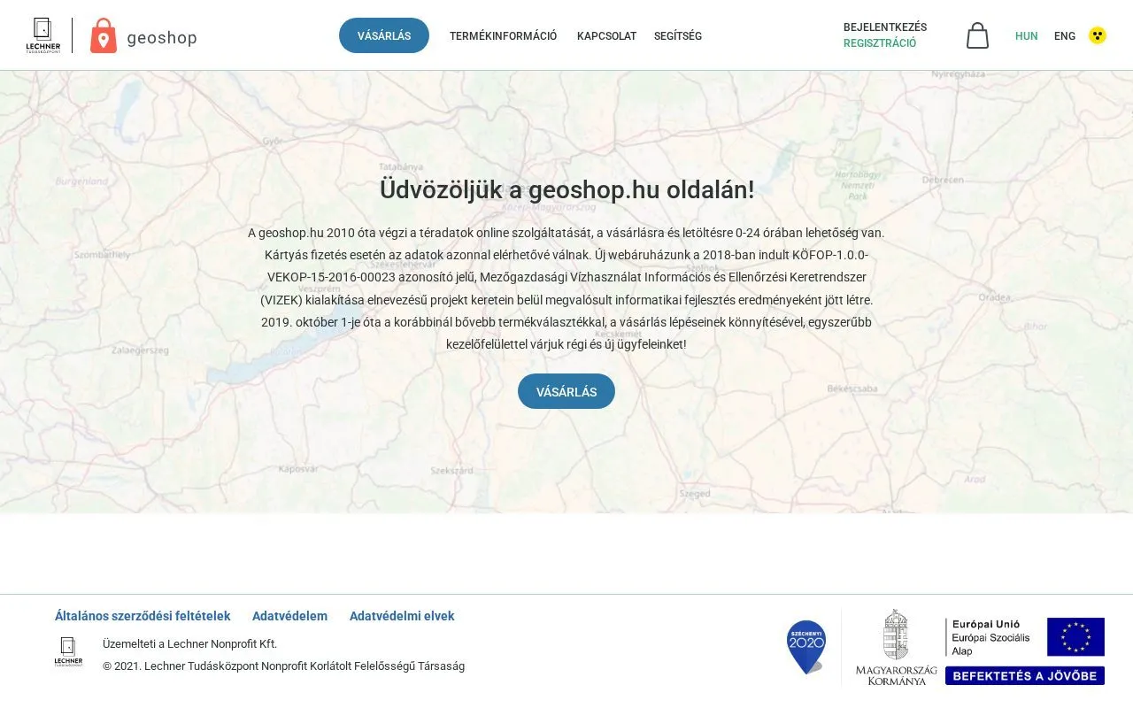 The geoshop.hu home page with icons of the data sets on offer