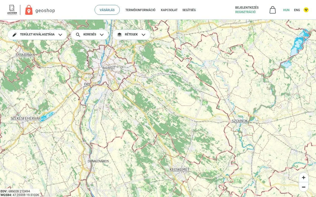 The geoshop.hu purchase map showing the administrative borders of Hungary with the area selection, search and layer controls