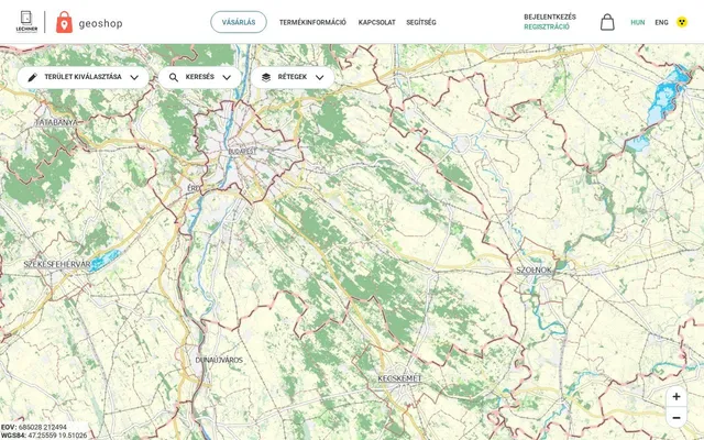 The geoshop.hu purchase map showing the administrative borders of Hungary with the area selection, search and layer controls