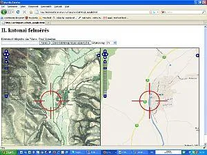 Two maps side by side, the historical military survey sheet on the left and the present day map on the right, with a shared crosshair