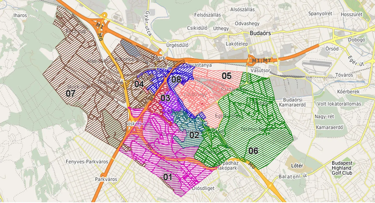 Map of Törökbálint and its surroundings with eight numbered districts filled in different colours